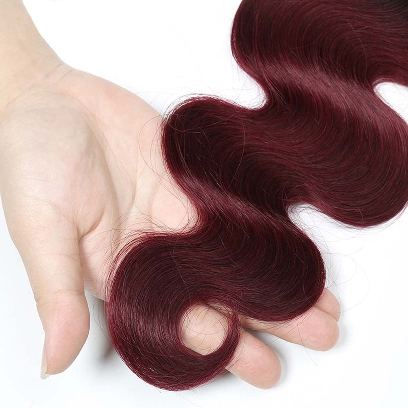 Ombre Human Hair Bundles Burgundy Body Wave Bundles Human Hair Red Bundle 12 14 16 Inch Soft And Healthy Brazilian Virgin Remy Hair Extensions Double Weft 3Pcs/Set Deals