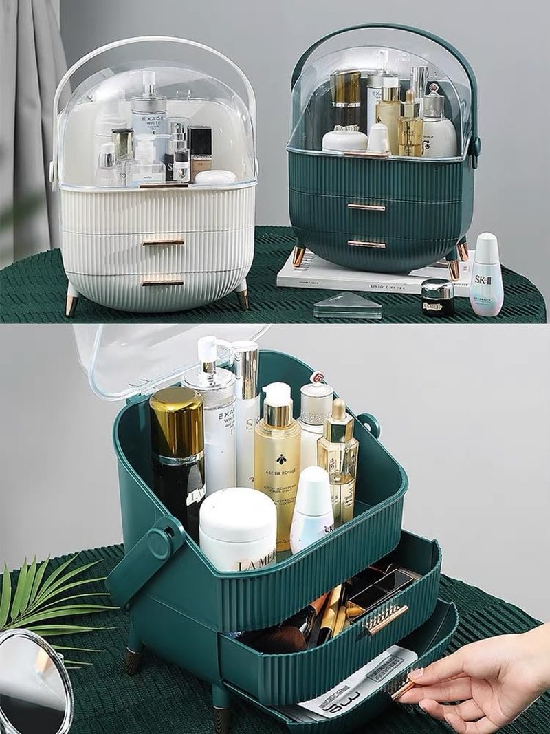 Makeup Storage Organizer for countertop,Cosmetics Display Case with 2-Layer Storage Box and Transparent Cover, Keep Bedroom Vanity Organizer Clea, Milky white