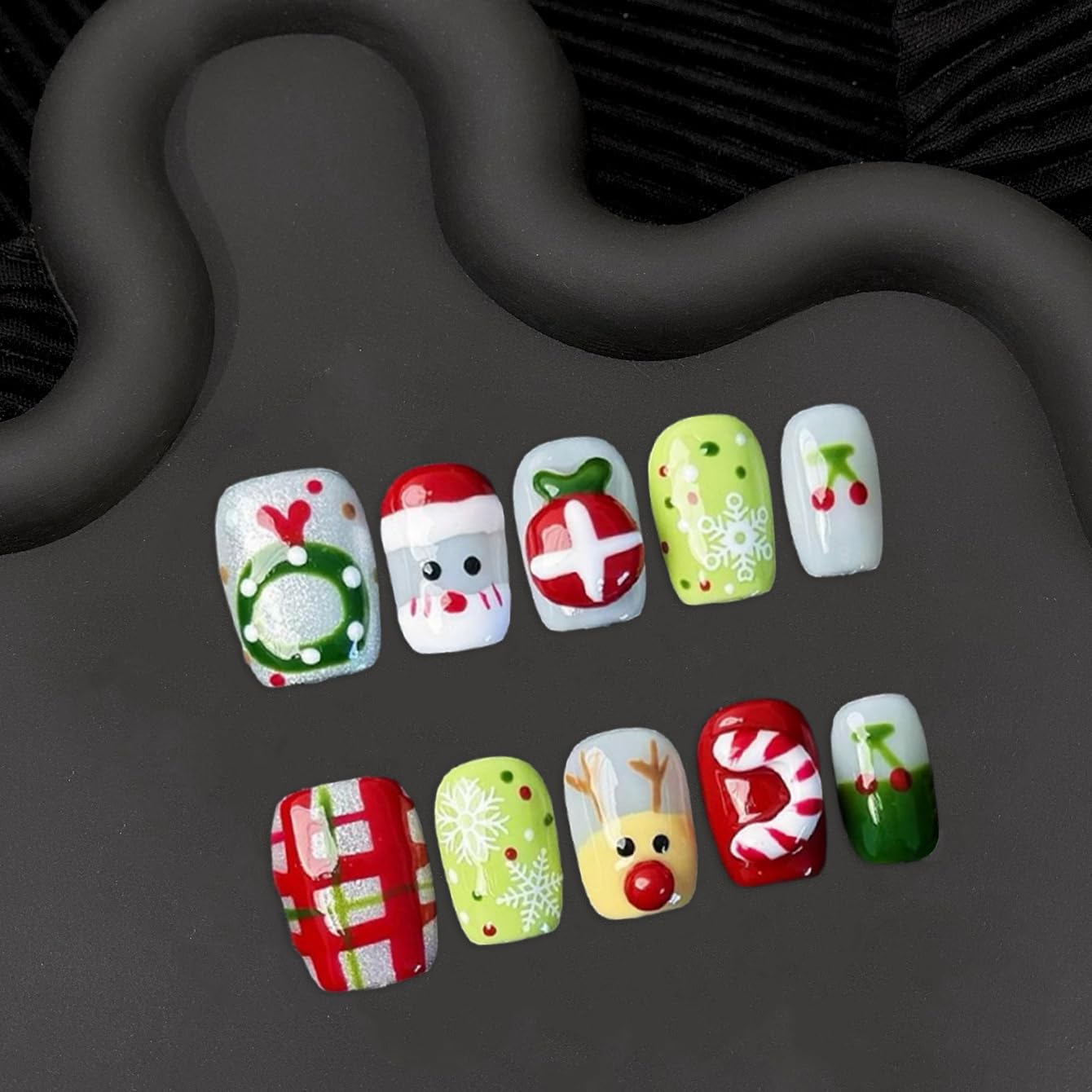 Christmas Press-On Nails - Short Square Gel Full Cover with Reindeer & Santa Designs