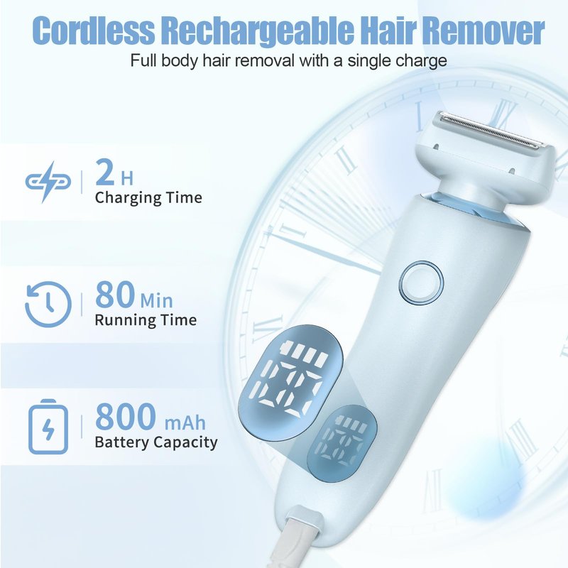 Electric Shaver for Women, SilkGlide Cordless Razor with 2 Removable Heads for Leg Arm Underarm Bikini Area, Painless Hypoallergenic Lady Trimmer, IPX7 Waterproof Wet Dry Use, USB Rechargeable, Blue