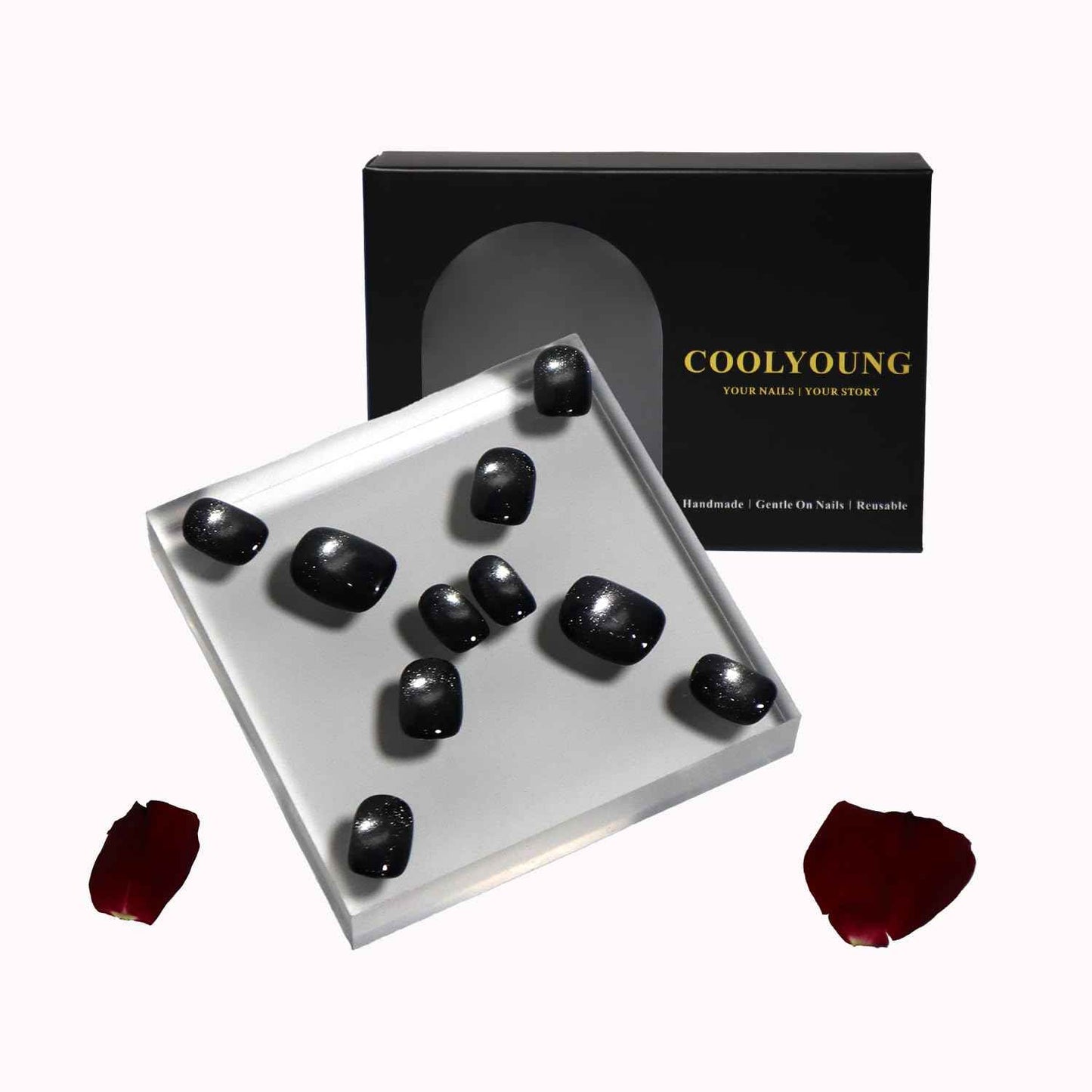 French Tip Cat Eye Press On Nails - 'Lonely Warrior' Black Square Nail Tips Set with Gift Box & Storage Bag