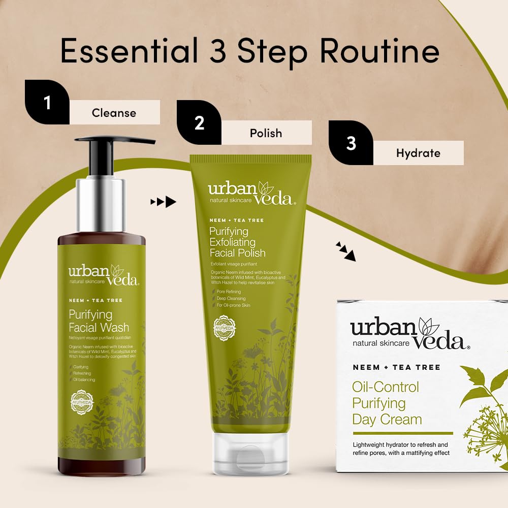 Urban Veda Purifying Face Wash | Acne Face Wash for Pimple and Acne | Tea Tree Cleanser for Oily Skin | Organic Neem and Tea Tree Face Wash | Face Wash for Women & Men | 5.1 Fl Oz