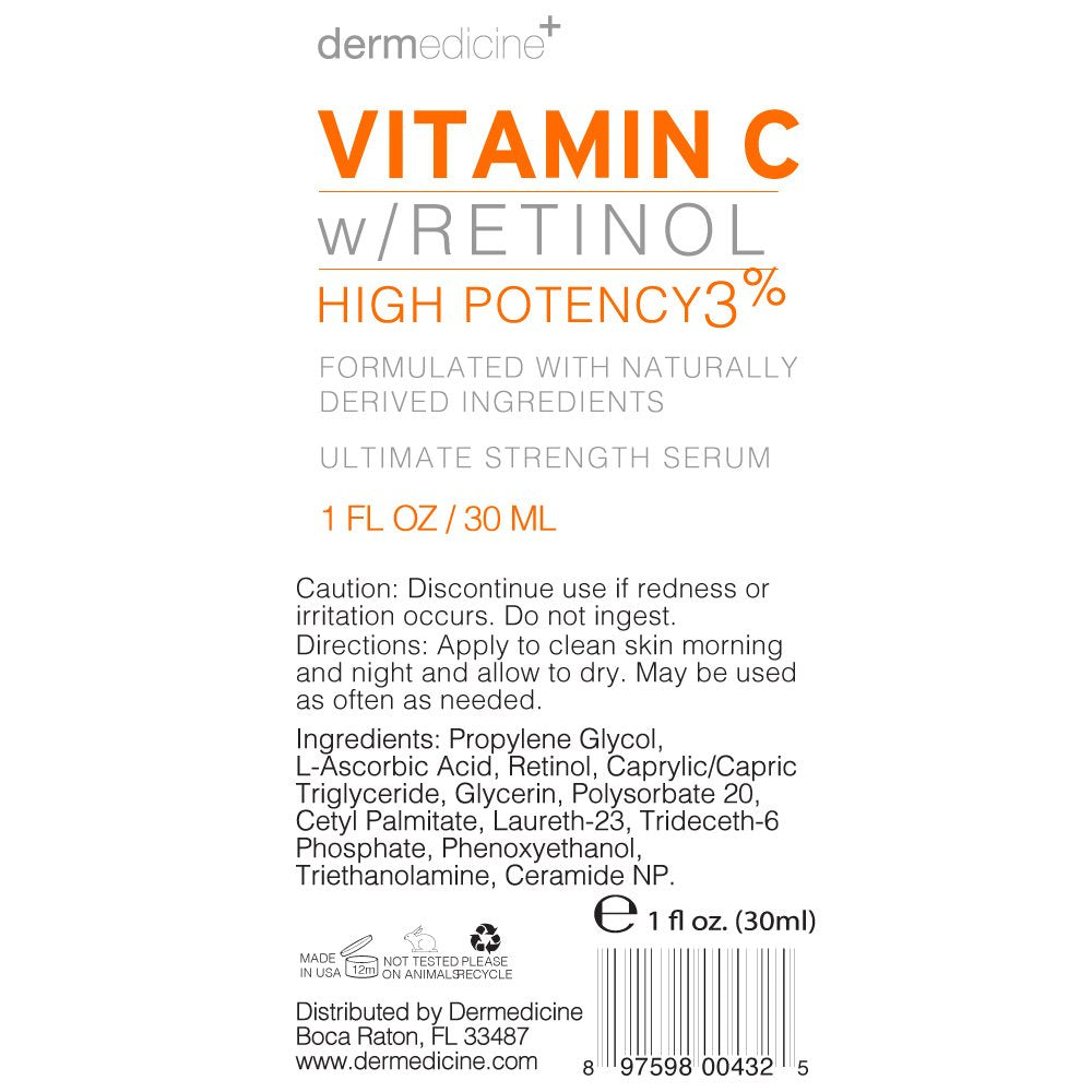 Vitamin C & 3% Retinol Anti-Aging Serum - Reduces Fine Lines & Brightens Skin Tone | Professional Grade Quality
