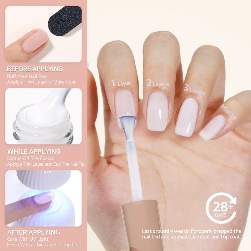 Vishine 48 PCS Gel Polish Set, 45 Jelly Nude Pink Gel Nail Polish Set All Season Neutral Sheer Milky White Gel Nail Polish Set with Gel Base and Matte Glossy Top Coat Manicure Salon at Home