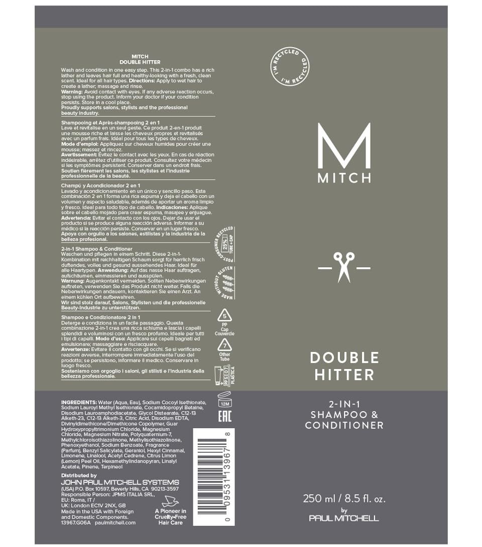 MITCH by Paul Mitchell Double Hitter 2-in-1 Shampoo & Conditioner for Men, For All Hair Types, 8.5 fl. oz.