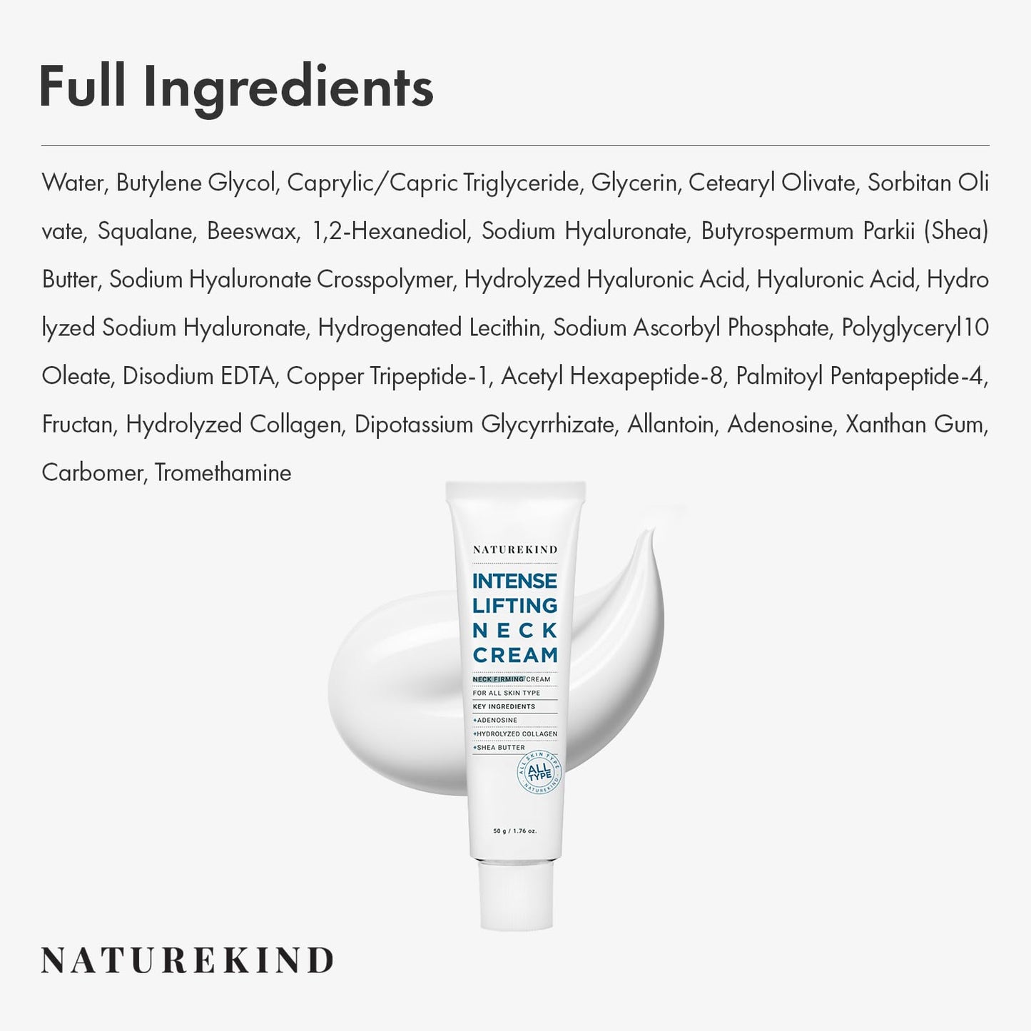 NATUREKIND Intense Lifting Neck Cream, Advanced Skin Care with Hyaluronic Acid, Collagen and Shea Butter for Neck Firming and Tightening, 50g, 1.76 oz.