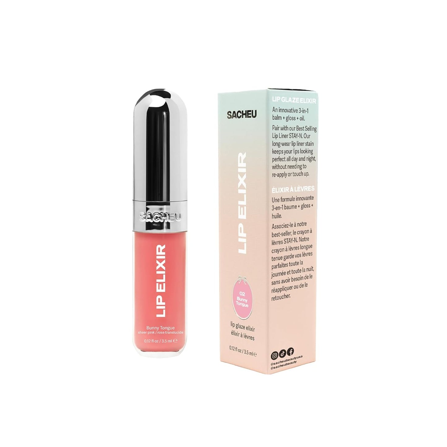 Sacheu Lip Elixir - Nourishing Hydrating Lip Gloss with Collagen | Non-Sticky High-Shine Finish (Bunny Tongue)