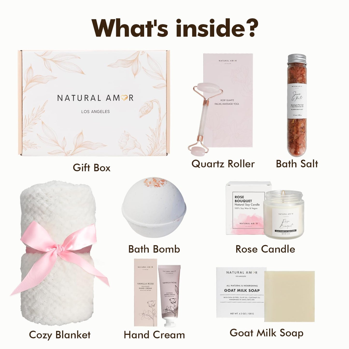Natural Amor Spa Gifts for Women,Luxurious Rose Scent Bath gift for her, 6pc Bath & Body gift including Soap Bar, Bath Bomb, Bath Salt