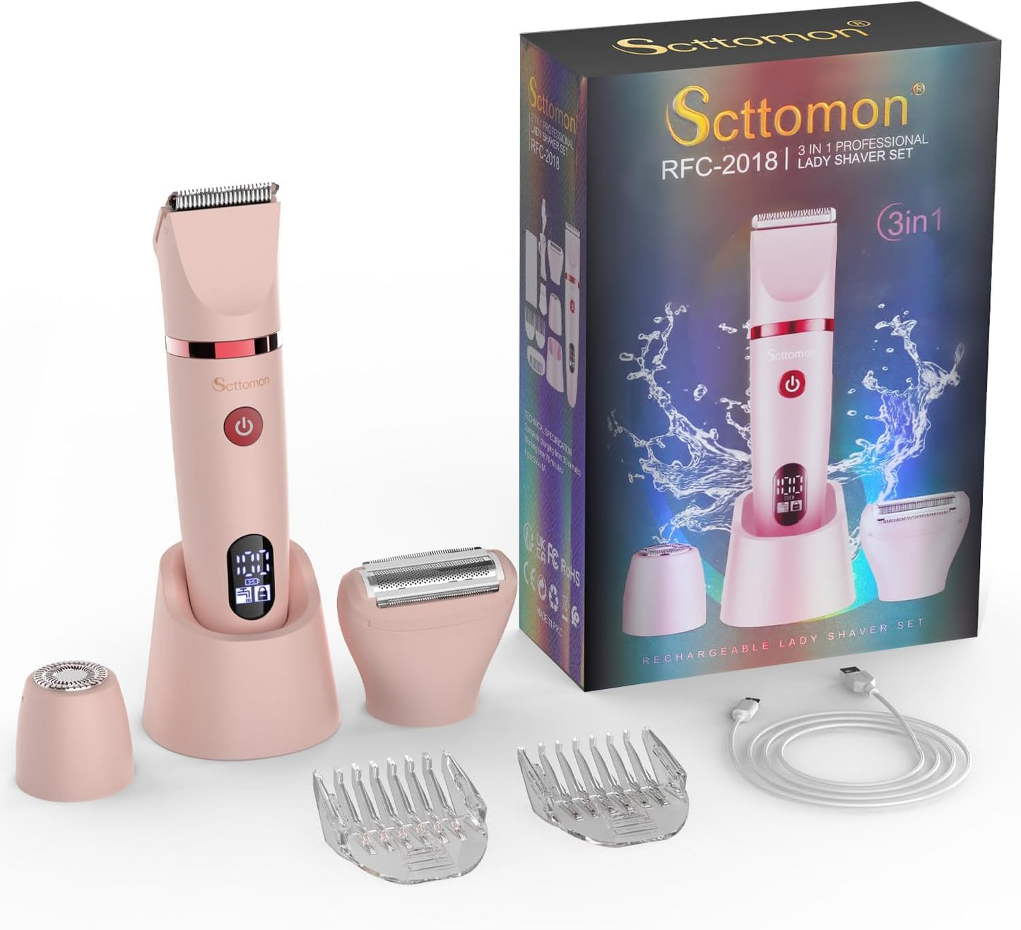 Scttomon 3-in-1 Electric Razor IPX7 Waterproof Bikini Trimmer Wet & Dry Use Painless Personal Trimmer Groomer for Ladies Face Body Legs Bikini Public Hairs Electric Lady Shaver with Replaceable Heads