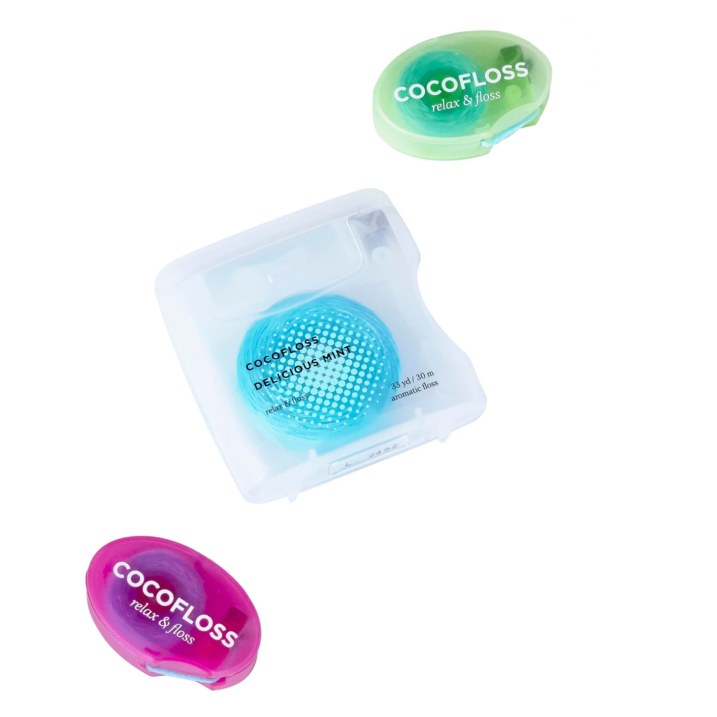 Cocofloss Woven Dental Floss, Favorites Sampler, Dentist-Designed Oral Care with Coconut Oil, Waxed, Vegan, Kid-Friendly, 1 Mint (33 yd), 2 Travel in Coconut, Strawberry (8 yd)