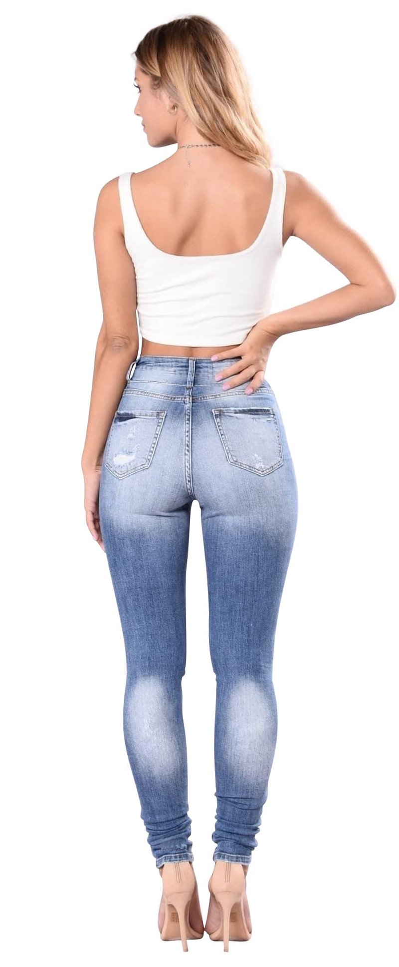 Women's High Waisted Ripped Skinny Jeans Butt Lift Stretchy Jeans Distressed Juniors Denim Pants (Light Blue, US 14)