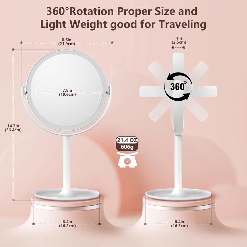 Magnifying Makeup Mirror with Light - 3 Color Settings, Rechargeable, Double-Sided | 8.6-Inch Large