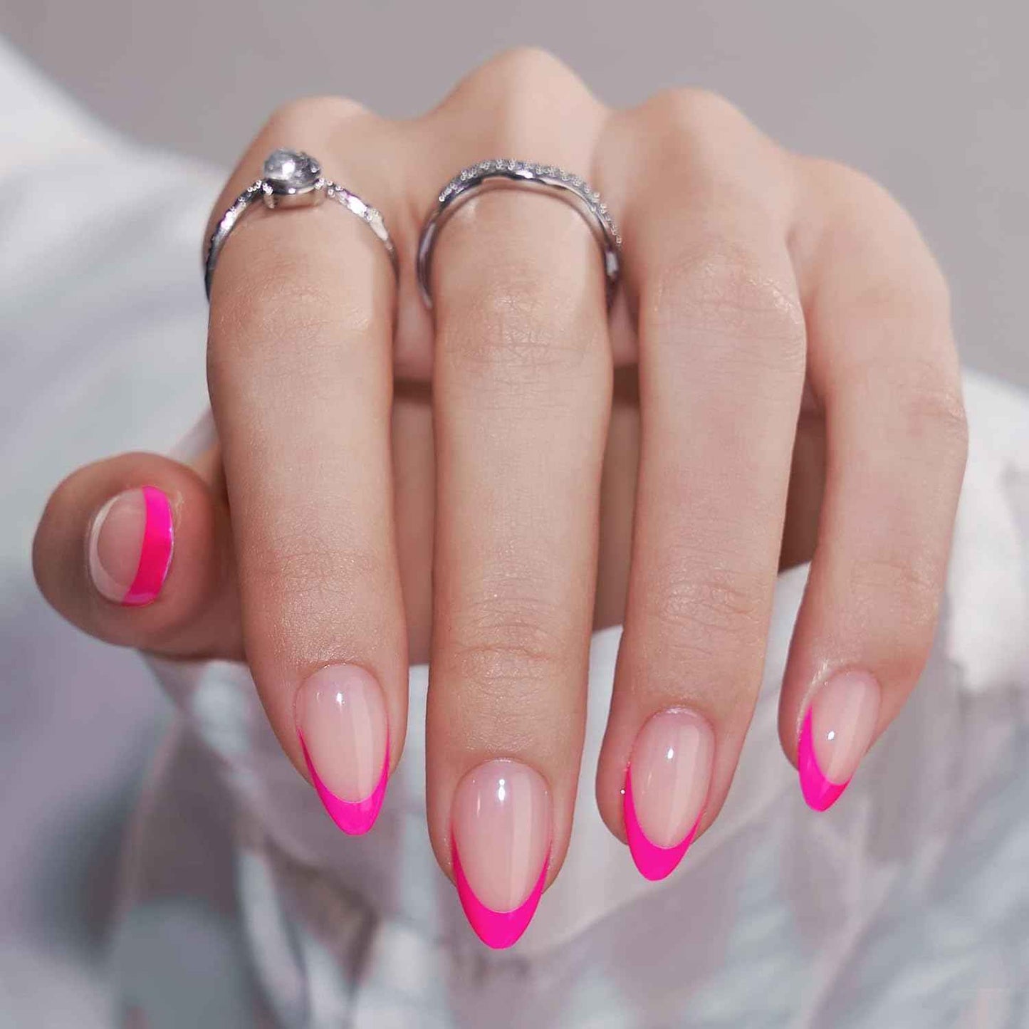 French Tip Press On Nails - Almond Shape, Berry & Dazzling Pink, Glue Included