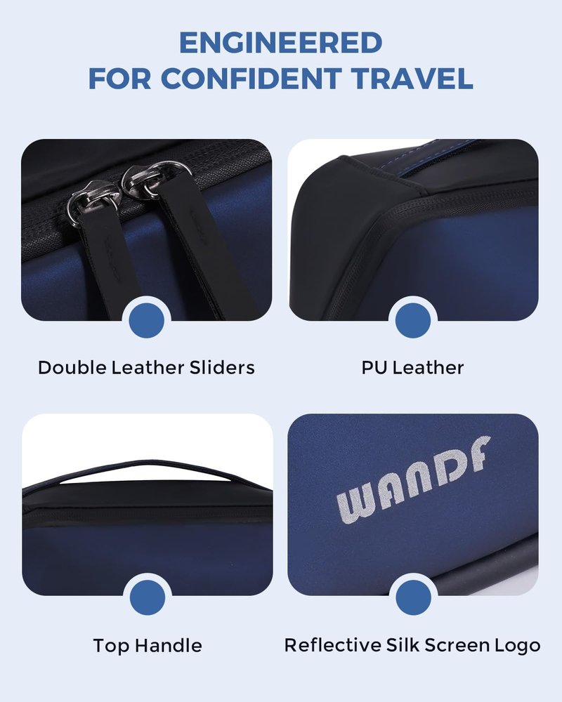 WANDF Toiletry Bag for Men, PU Leather Dopp Kit with Detachable Waterproof Hanging Pouch and Wet Pocket (Navy Blue)