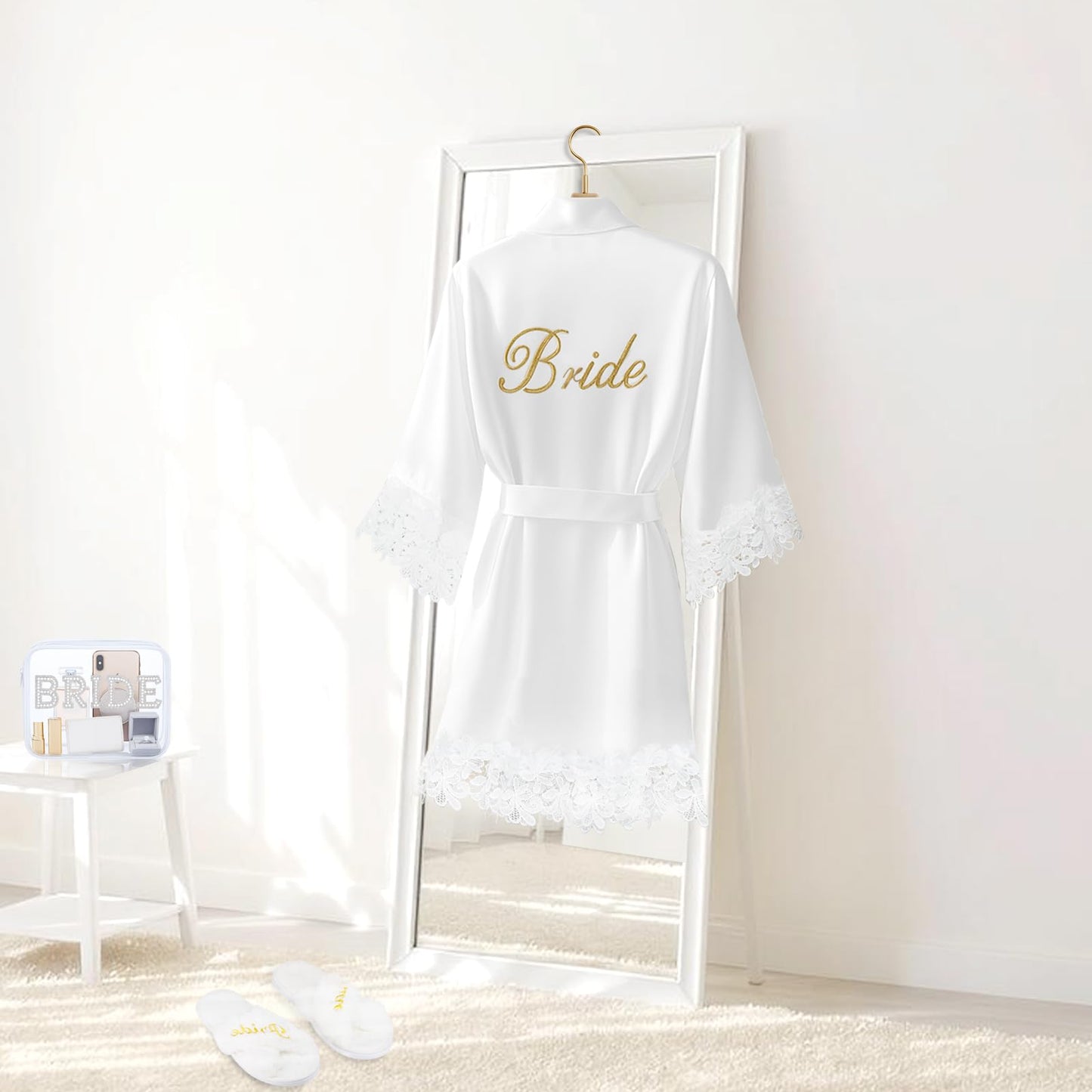 Hazms 3 Pcs Bride Robe for Wedding Day Set with Makeup Bag, Slippers, Lace Trim White Robe -Short Getting Ready Wedding Robes Bridesmaids Bride Gifts