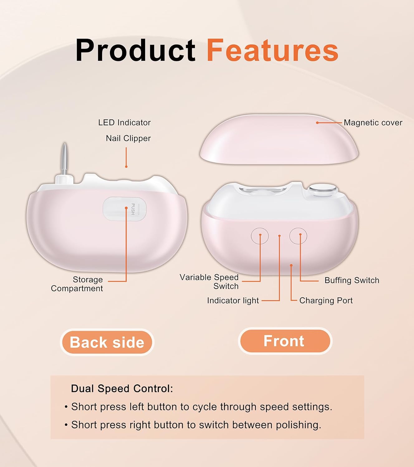 2-in-1 Electric Nail Clipper & Trimmer with LED Light - Dual Speed for All Ages (M8-Pink)