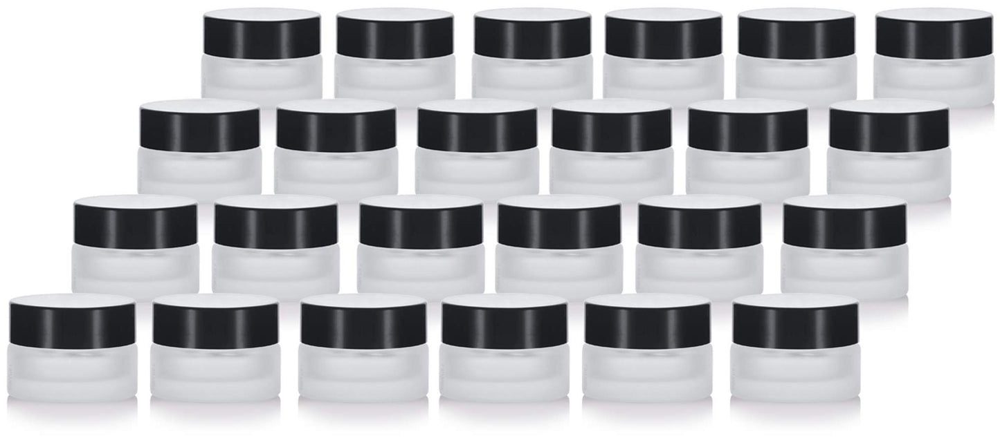 (24 pack) 5 ml 1/6 oz Frosted Clear Glass Small Thick Wall Jars with Black Smooth Foam Lined Lids
