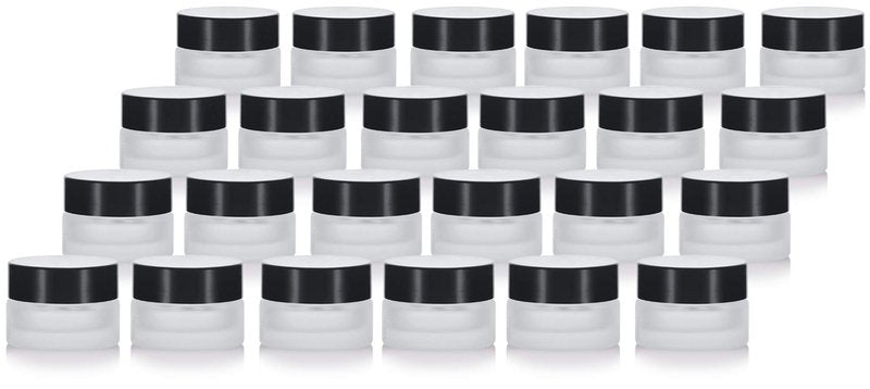 (24 pack) 5 ml 1/6 oz Frosted Clear Glass Small Thick Wall Jars with Black Smooth Foam Lined Lids