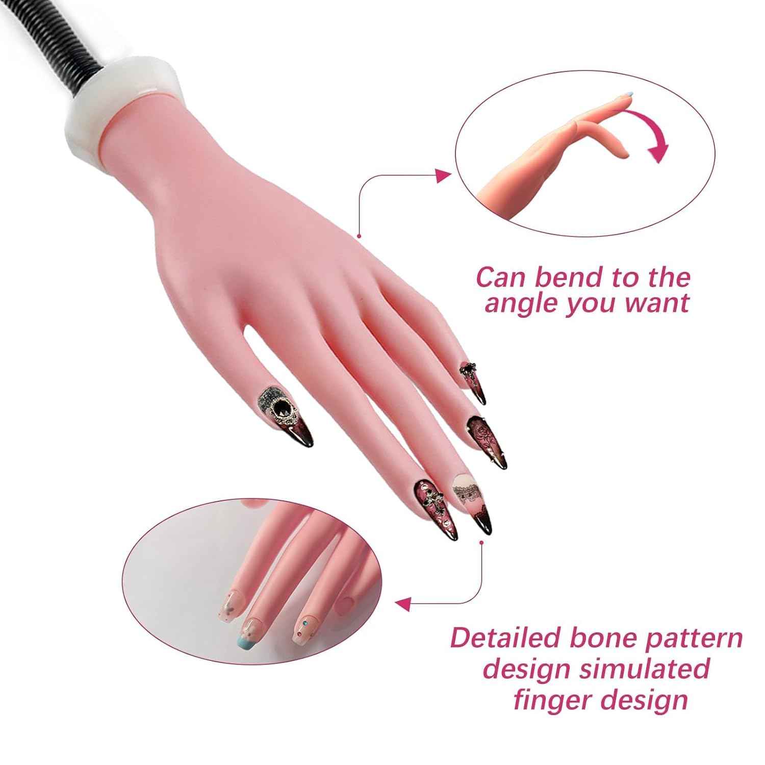 Acrylic Nail Practice Hand Kit with 100 Tips, Adhesive & Cat Eye Magnet - Bendable Manicure Trainer