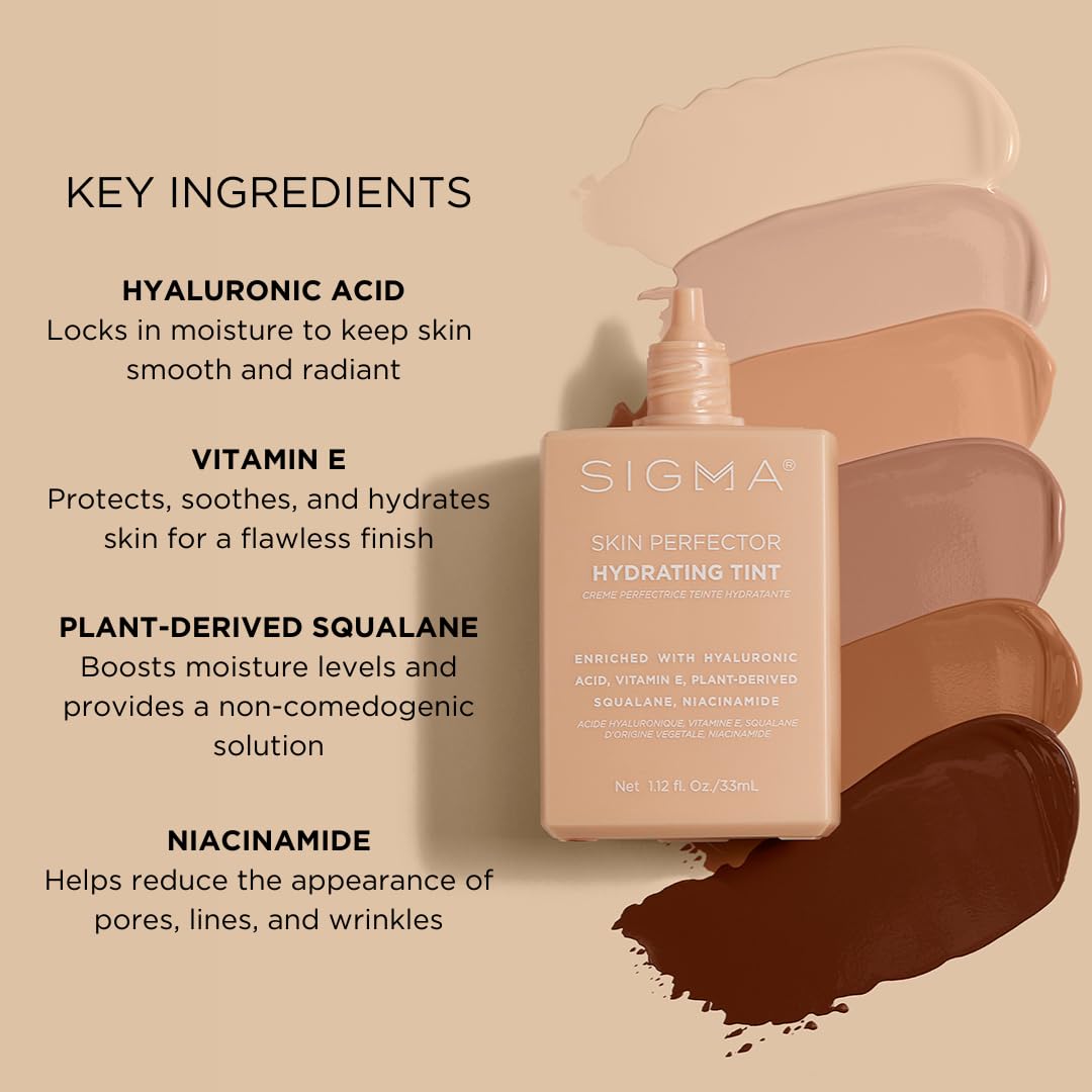 Sigma Beauty Skin Perfector Hydrating Tint (3 - Medium Golden Tint) — Skin Tint Foundation for Lightweight, Buildable Coverage, With Hyaluronic Acid, Niacinamide Serum, and More