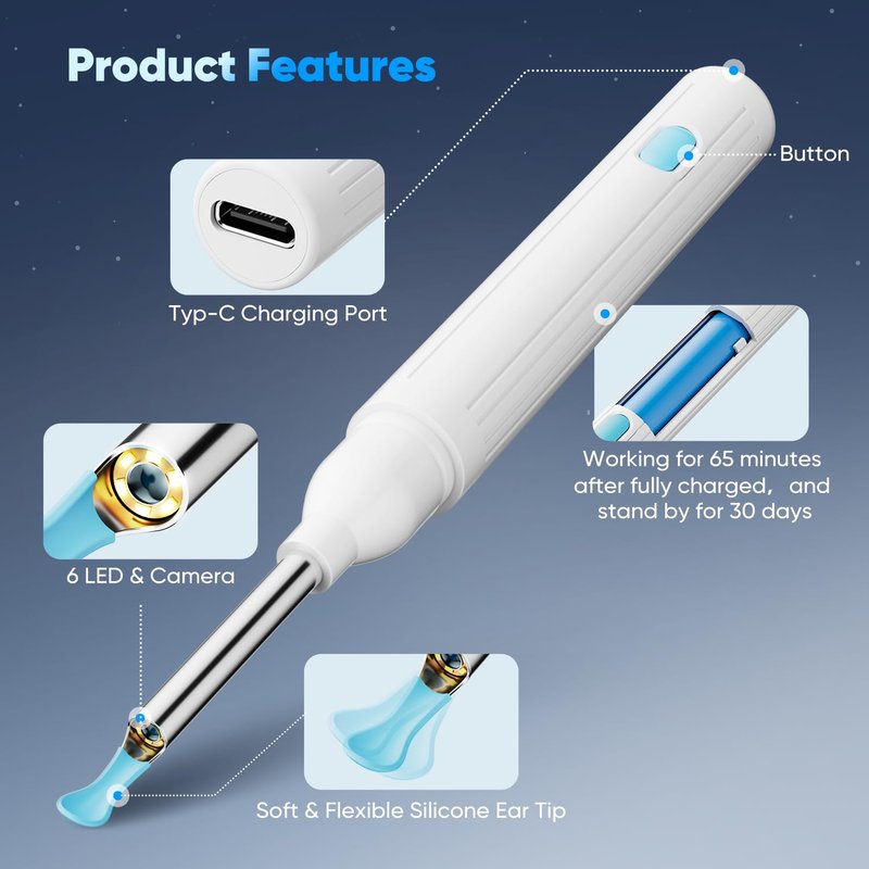 MOOPHY Ear Wax Removal Tool with Camera, 1296P HD Ear Cleaner with 6 LED Lights, Wireless Otoscope Earwax Removal Kit with Silicone Tips & Ear Spoons, Ear Camera for iPhone, iPad & Android, White