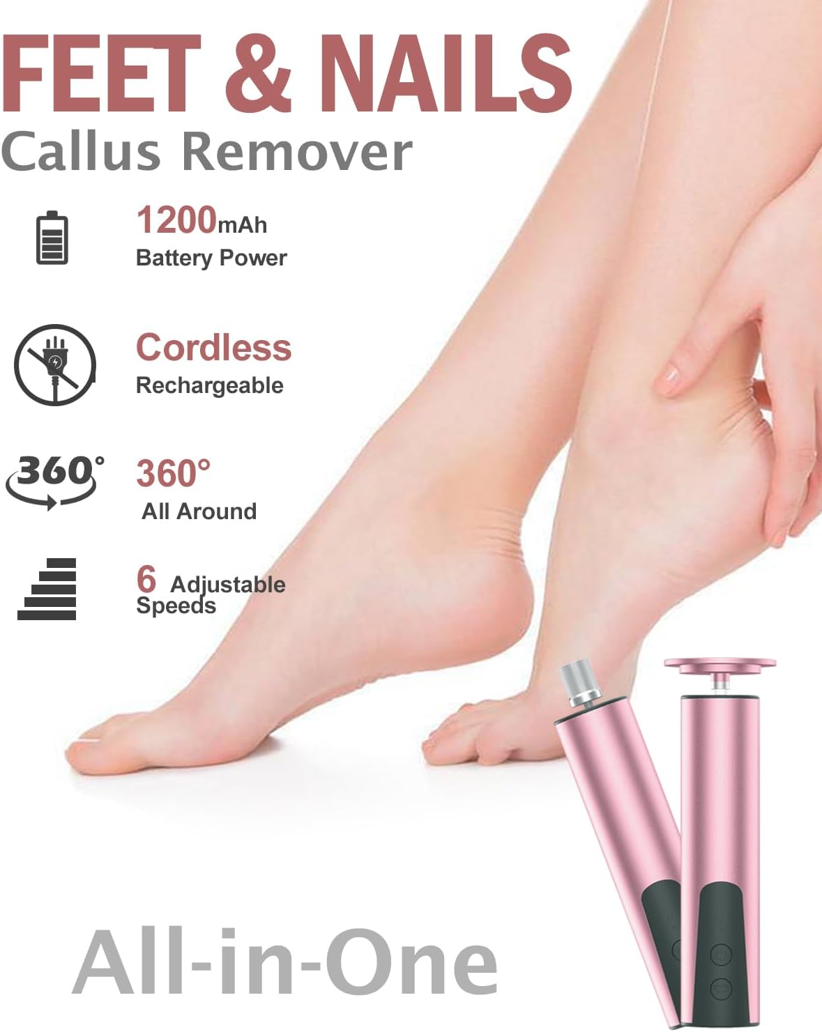 Rechargeable Electric Foot Callus Remover & Nail Drill - 2-in-1 Pedicure Tool for Cracked Feet, 6 Speed