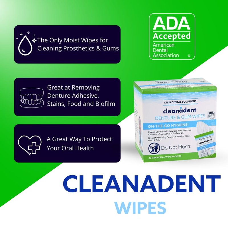 Dr. B Dental Solutions Cleanadent Wipes - Convenient Denture Cleaning Wipes, Refreshes Gums, No Artificial Colors/Flavors - 60 Count
