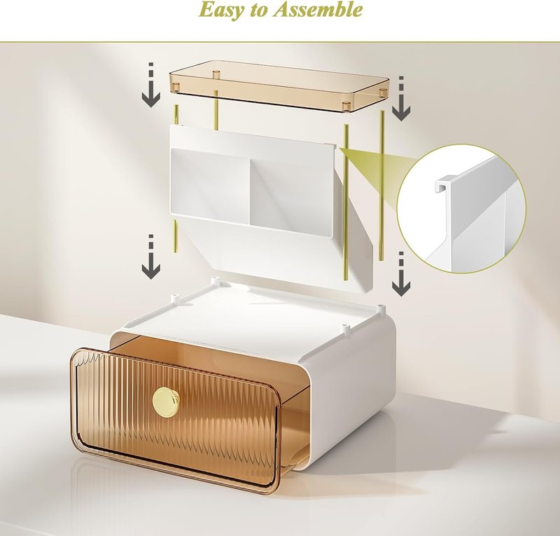 3 Tiers Makeup Organizer - Cosmetic Display with Drawer & Lipstick Holder | Amber Color for Vanity & Bathroom
