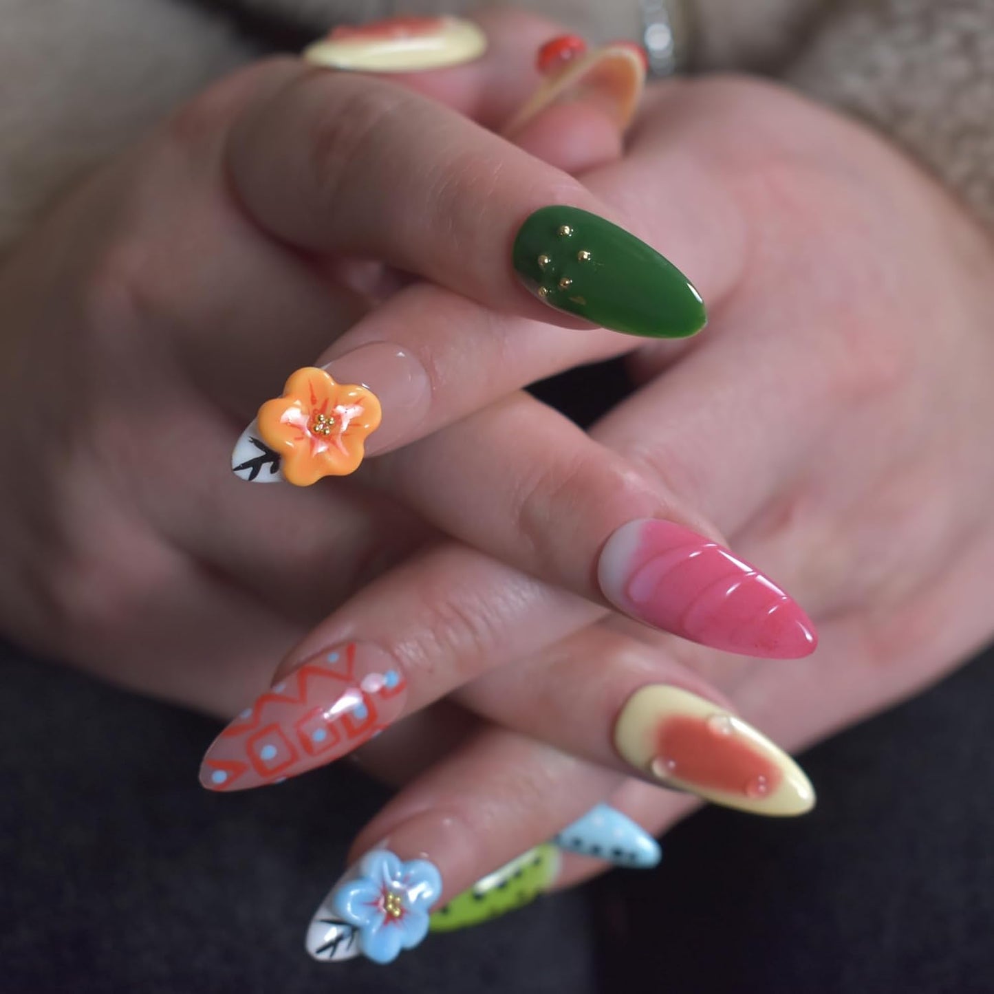 3D Blue Almond Press-On Nails with Carved Flower & Bubble Pearl - Handmade Acrylic Manicure, Medium Size