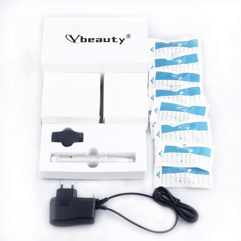 YBEAUTY Eyebrow Tattoo Wired Machine Kit - Corded Micropigmentation Eyeliner Pen with 15pcs Cartridges Needles for Brow Eyeliner Lip Microblading (Snow)