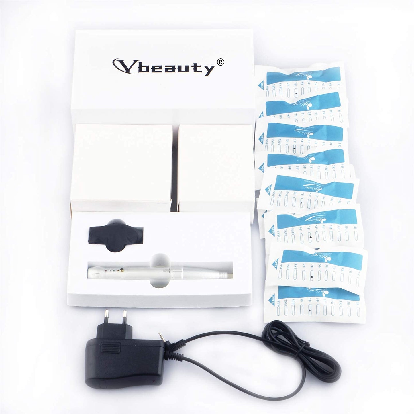YBEAUTY Eyebrow Tattoo Wired Machine Kit - Corded Micropigmentation Eyeliner Pen with 15pcs Cartridges Needles for Brow Eyeliner Lip Microblading (Snow)