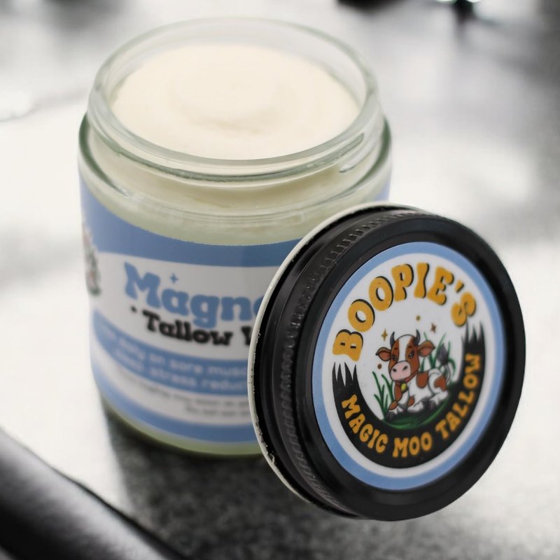 Magic Moo Magnesium Whipped Tallow Skincare for sore muscles, sleep, muscle and period cramps, stress, relaxation & more. Topical magnesium that works.