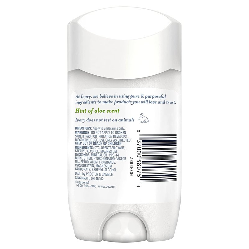 Ivory Deodorant, Hint of Aloe, Made without Aluminum and Baking Soda, 2.4 oz, Pack of 4
