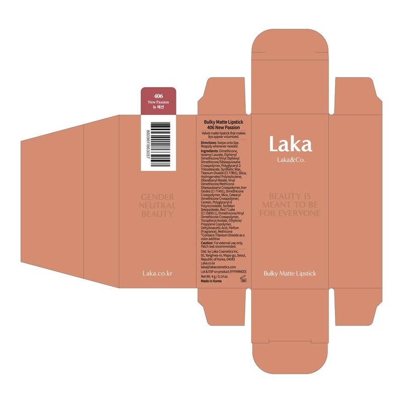 Laka Bulky Matte Lipstick, 4g/0.14oz., Long Wear, Non-Drying Lip Stain Stick with High Pigmentation, Voluminous Lips, K-Beauty (#406 New Passion)