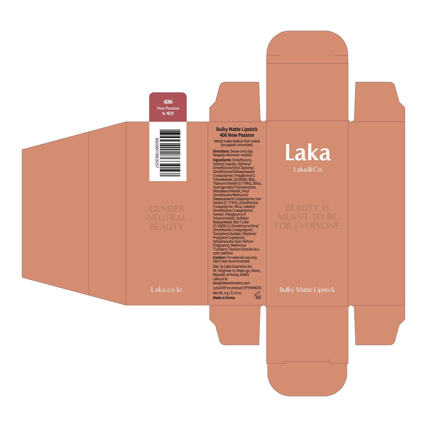 Laka Bulky Matte Lipstick, 4g/0.14oz., Long Wear, Non-Drying Lip Stain Stick with High Pigmentation, Voluminous Lips, K-Beauty (#406 New Passion)