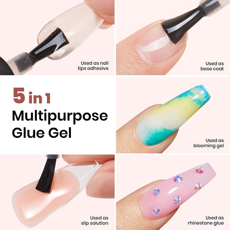 Beetles Top Coat Base Gel & Nail Glue Set-3Pcs No Wipe Top Coat,with Beetles French Tip Press On Nails - 150 Pcs Pink Short Square French Gel Nail,