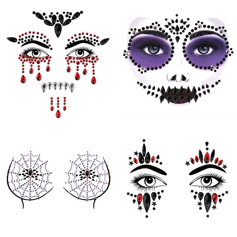 Bowitzki Face Jewels Halloween Rhinestone Stickers Self Adhesive Crystal Makeup Face Gems Stick for Festival Accessory Decorations (D)