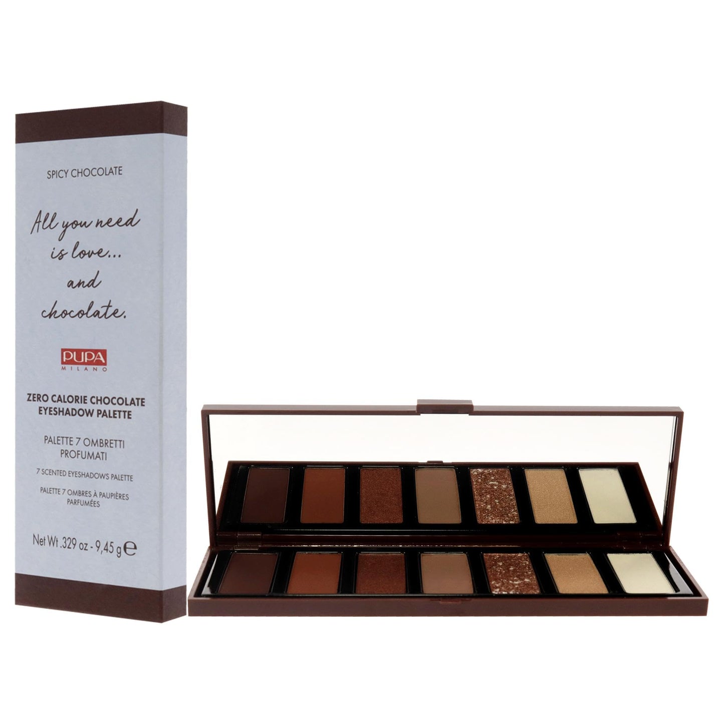 PUPA Milano Zero Calorie Chocolate Eyeshadow Palette 001 Spicy Chocolate - 7-Shade Shadow Collection with Matte, Satin, and Metallic Colors - High Pigment Formula - Soft, Blendable Texture - 0.329 oz