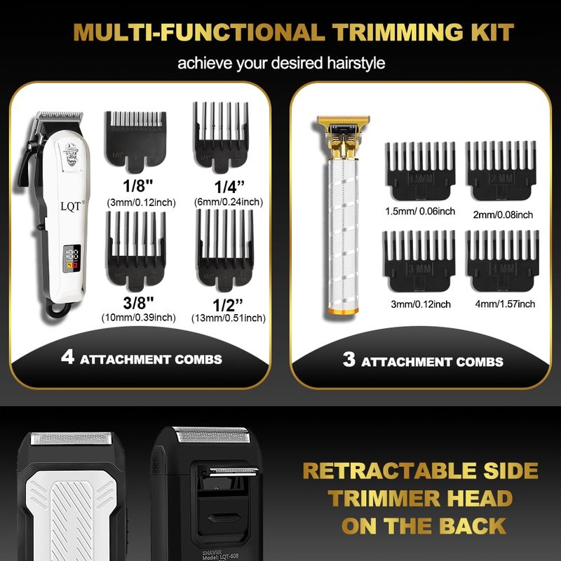 LQT Hair Clipper Kit for Men, Professional Cordless Rechargeable Hair Clippers & Beard Trimmer Set with Foil Shaver Complete Cutting Kit for Home Use