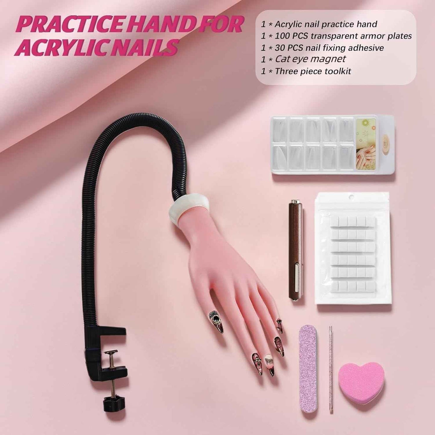 Acrylic Nail Practice Hand Kit with 100 Tips, Adhesive & Cat Eye Magnet - Bendable Manicure Trainer