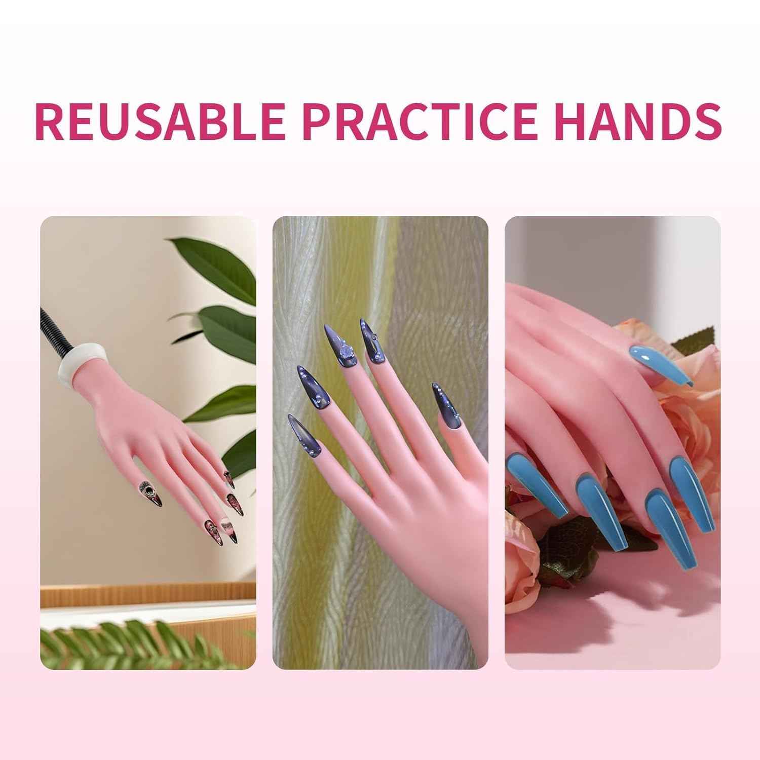Acrylic Nail Practice Hand Kit with 100 Tips, Adhesive & Cat Eye Magnet - Bendable Manicure Trainer