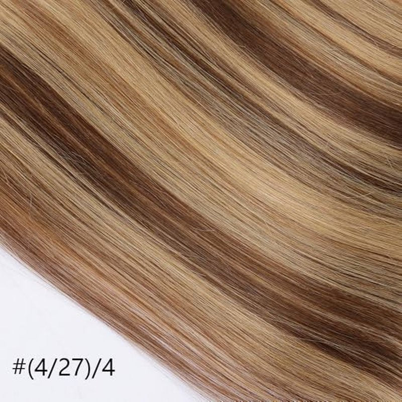 ORIGEN Clip in Hair Extensions Real Remy Human Hair Chocolate Brown to Caramel Blonde Highlights Straight Hair for Women 7pcs 80g 14 Inches