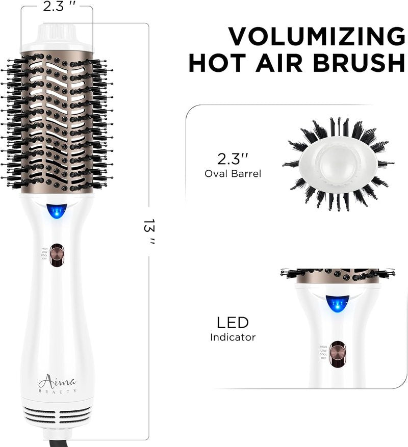 Aima Beauty Blow Dryer Brush - Ionic Ceramic Hot Air Brush for Frizz-Free Styling | 2.3" Oval Barrel, 3 Heat Settings, White