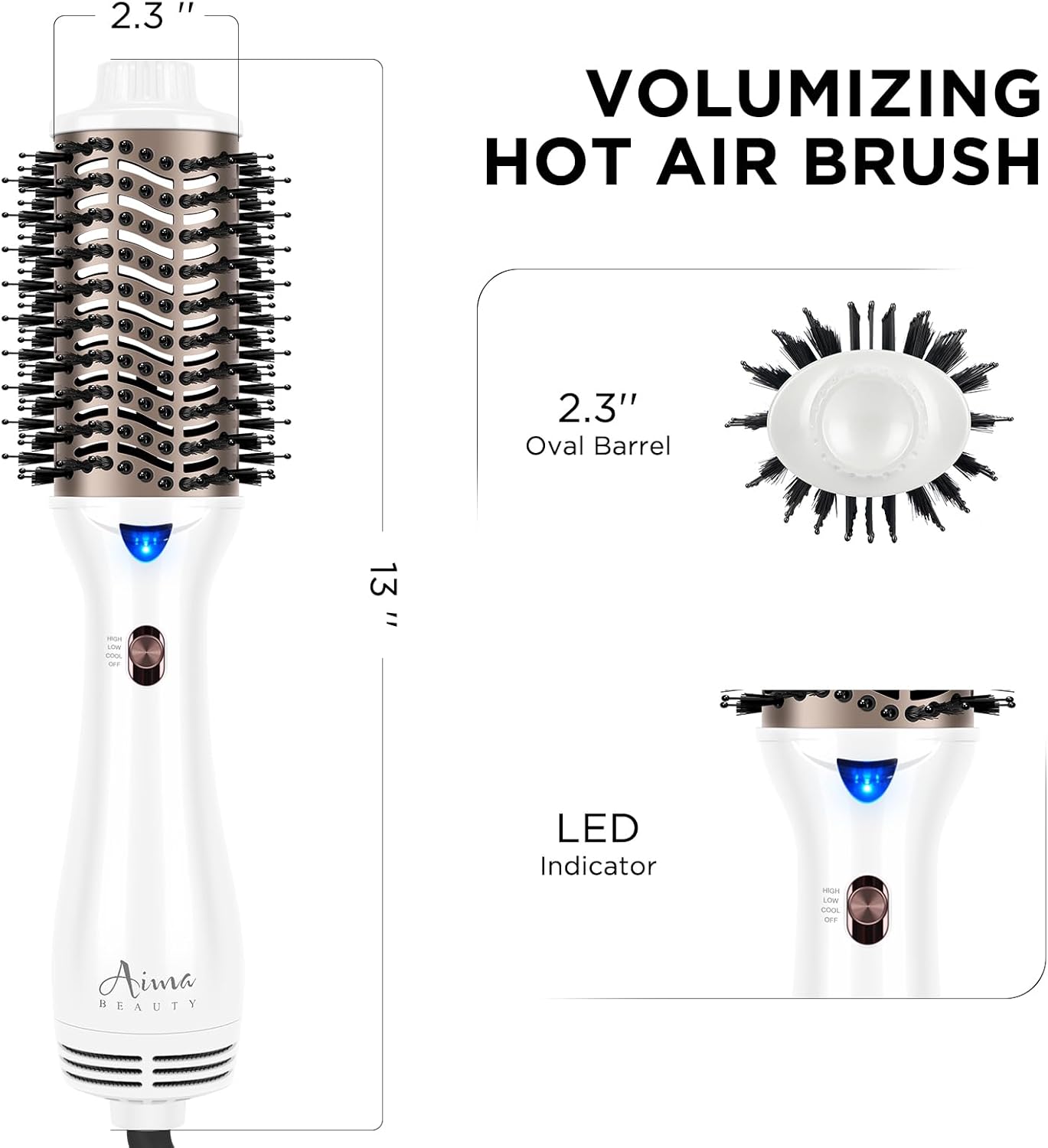 Aima Beauty Blow Dryer Brush - Ionic Ceramic Hot Air Brush for Frizz-Free Styling | 2.3" Oval Barrel, 3 Heat Settings, White