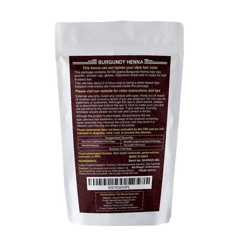 3 Packs Of Burgundy Henna Hair & Beard Color/Dye 100 Grams - Natural Hair Color, Plant-based Hair Dye - The Henna Guys