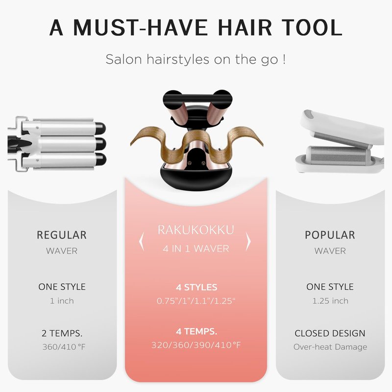 4 in 1 Crimper Hair Tool - Hair Waver with Adjustable Depths for 4 Wavy Styles, Beach Waves Curling Iron with 3 Ceramic Barrels, 4 Temperatures, Dual Voltage, for Women (Gold)