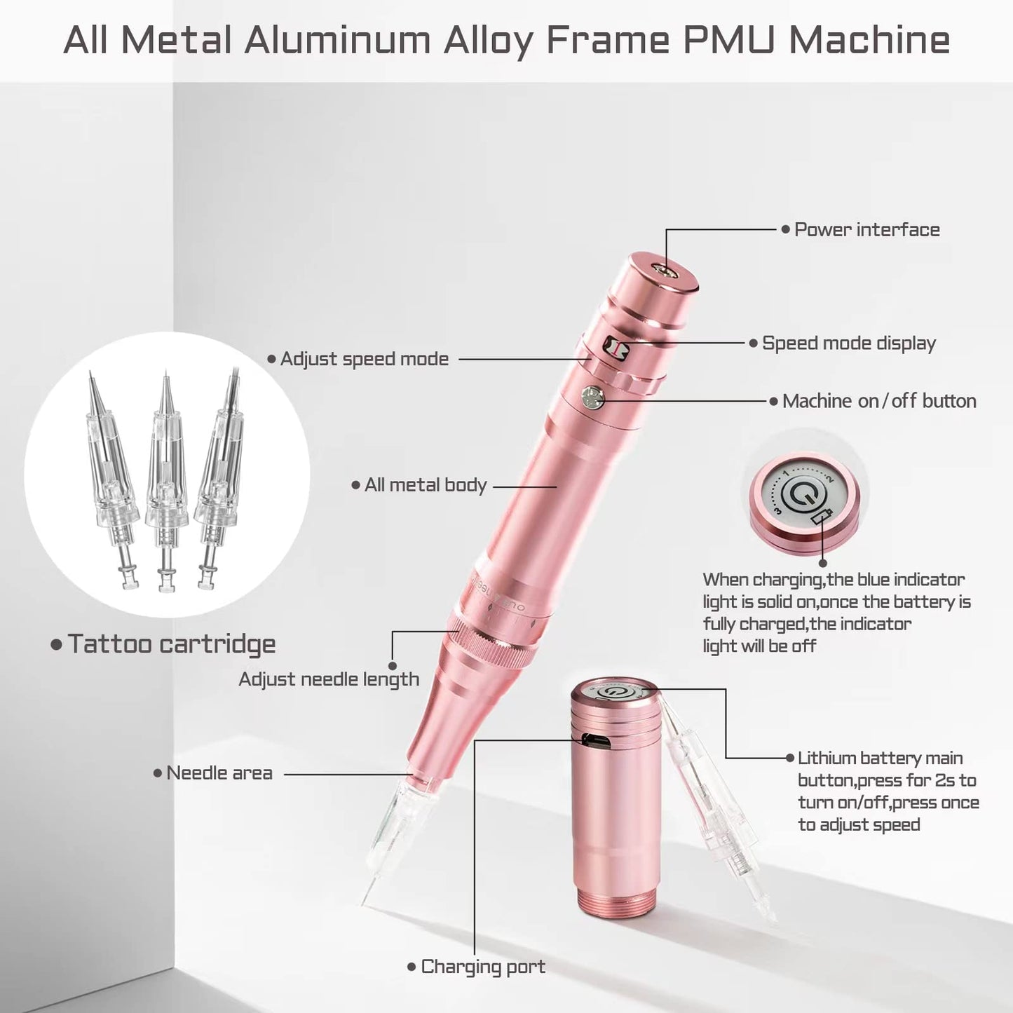 Whalrace PMU Machine, cordless Permanent Makeup Machine Kit with 10 PMU Needles & 1 Lithium Battery, Tattoo Machine Microblading Machine for Eyebrows, Lips, Eyeliners - Rose Gold