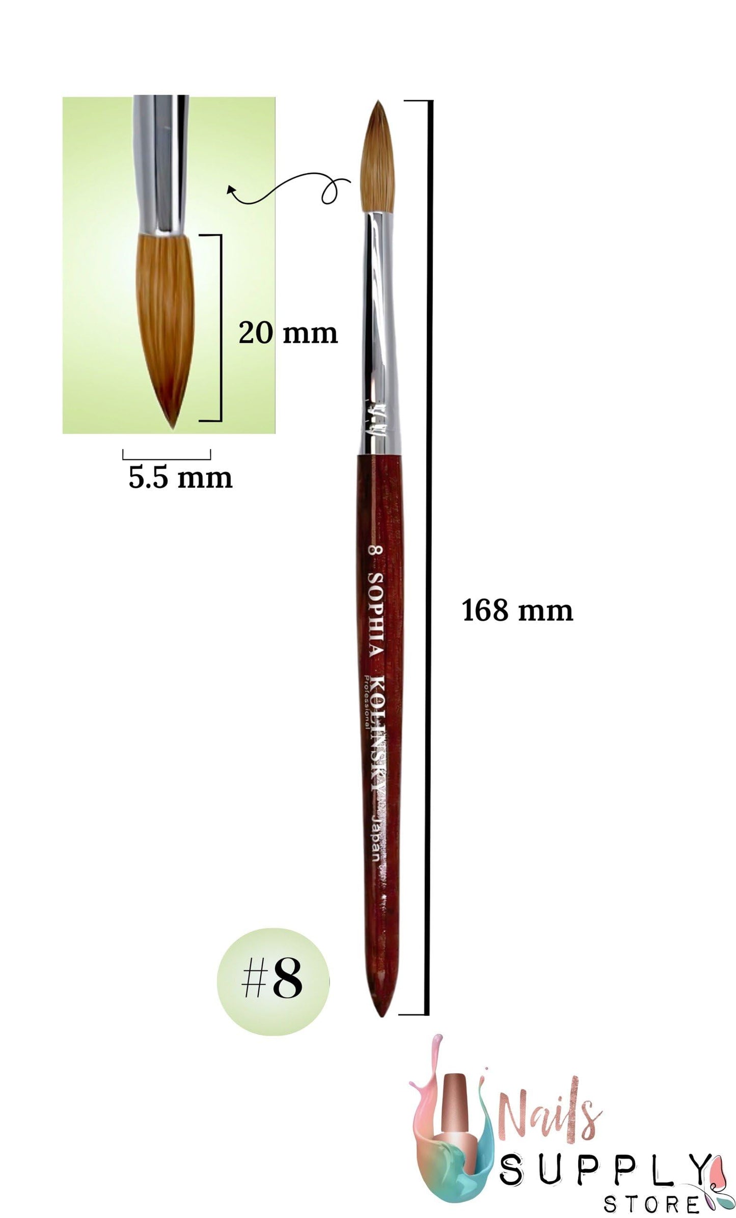 Sophia kolinsky Acrylic Nail Brush Pure Kolinsky Hair Round Shape Redwood handle Size #6 to #22 Pick Your Size (SIZE #8)