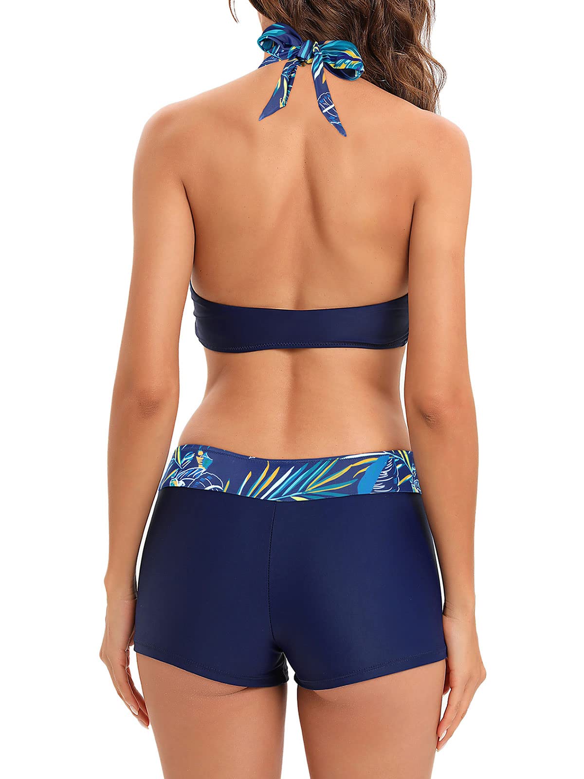 Century Star Women Two Piece Swimsuit Athletic Bathing Suits for Women Ruffled Tummy Control High Waisted Swimsuits Navy Leaves 12-14