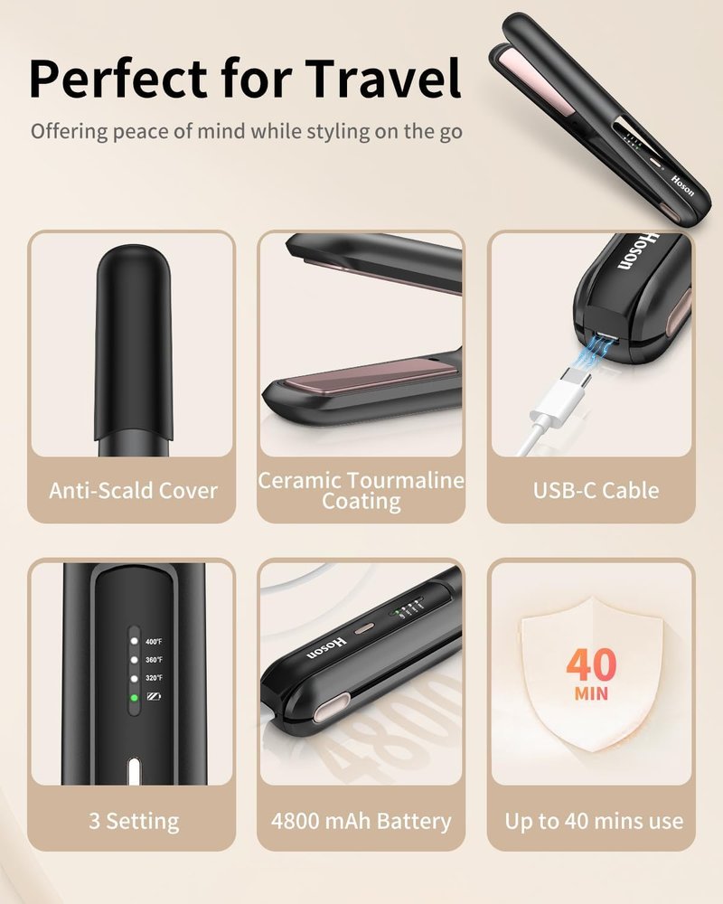 Cordless Hair Straightener,Portable Mini Flat Iron Travel for Bangs,Short Hair, Rechargeable Curling Iron and Curler 2 in 1,Black,for Touch Ups